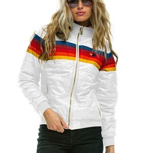 White puffer jacket with colorblock stripes